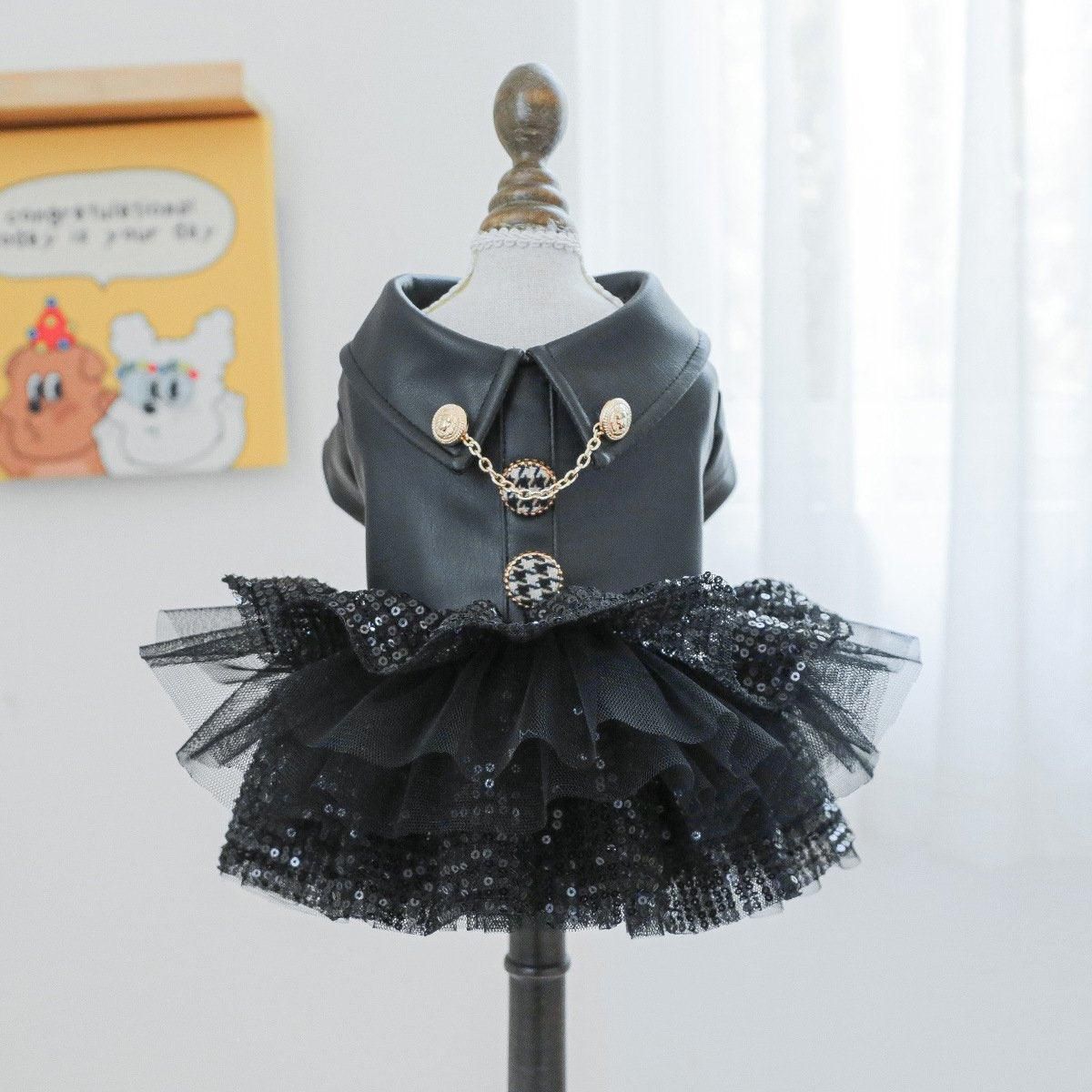 Autumn Winter Pet Dog Cat Dress Faux Leather Sequin Skirt Outfit for Small Dogs - XS