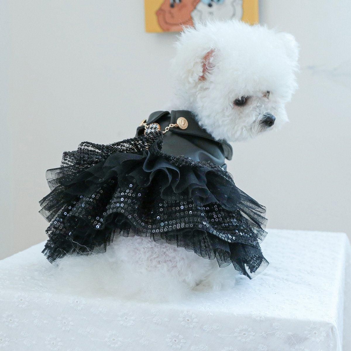 Autumn Winter Pet Dog Cat Dress Faux Leather Sequin Skirt Outfit for Small Dogs - XS