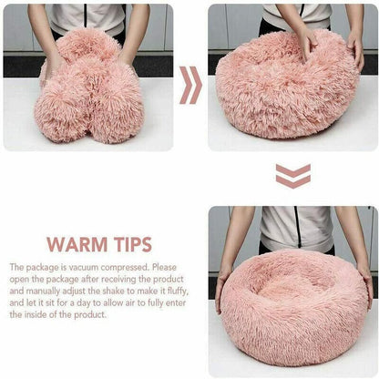 L-70CM Dog Cat Pet Calming Bed Washable ZIPPER Cover Warm Soft Plush Round Sleeping - Pink