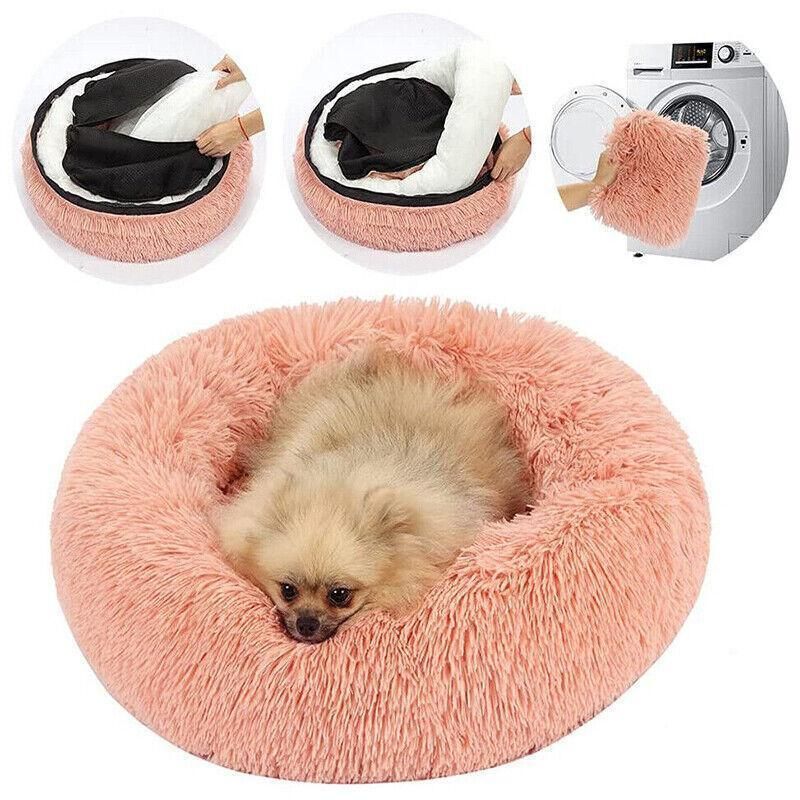 L-70CM Dog Cat Pet Calming Bed Washable ZIPPER Cover Warm Soft Plush Round Sleeping - Pink