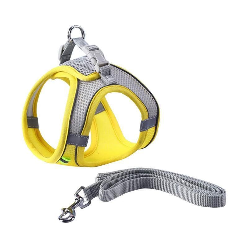 Pet Dog Harness Adjustable Reflective Breathable Outdoor Collars Strap Cat Leash Yellow - XXS