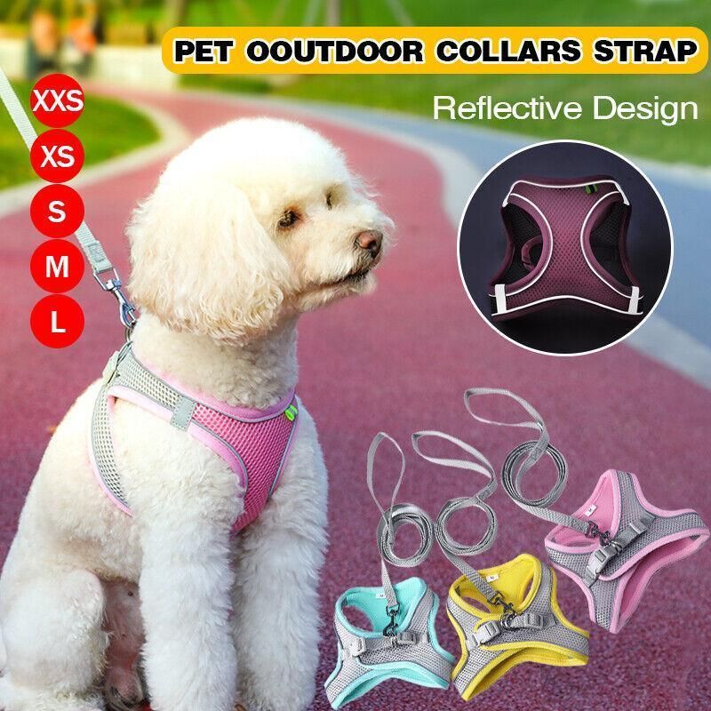 Pet Dog Harness Adjustable Reflective Breathable Outdoor Collars Strap Cat Leash Yellow - XXS