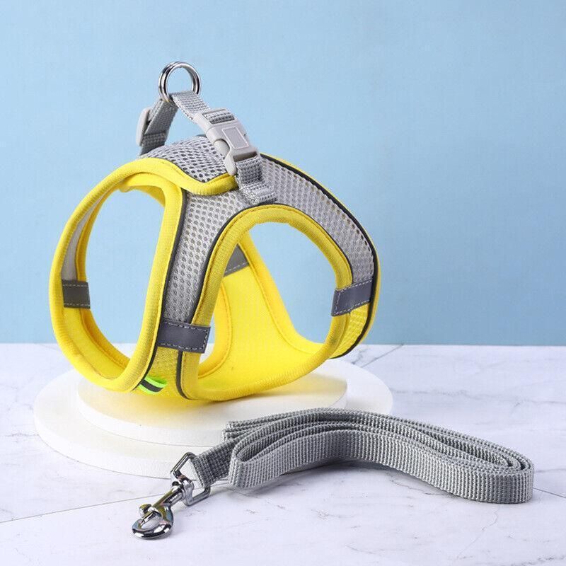 Pet Dog Harness Adjustable Reflective Breathable Outdoor Collars Strap Cat Leash Yellow - XXS