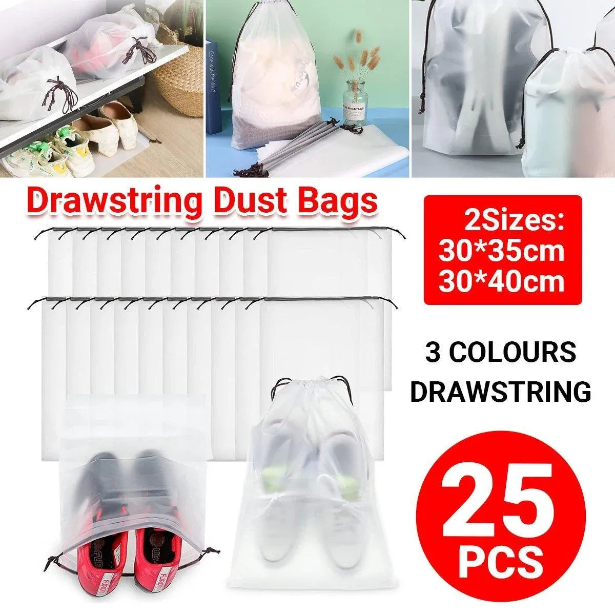 25PCS Portable Travel Shoe Bags Sport Storage Pouch Drawstring Dust Organizer - Black-30*35cm