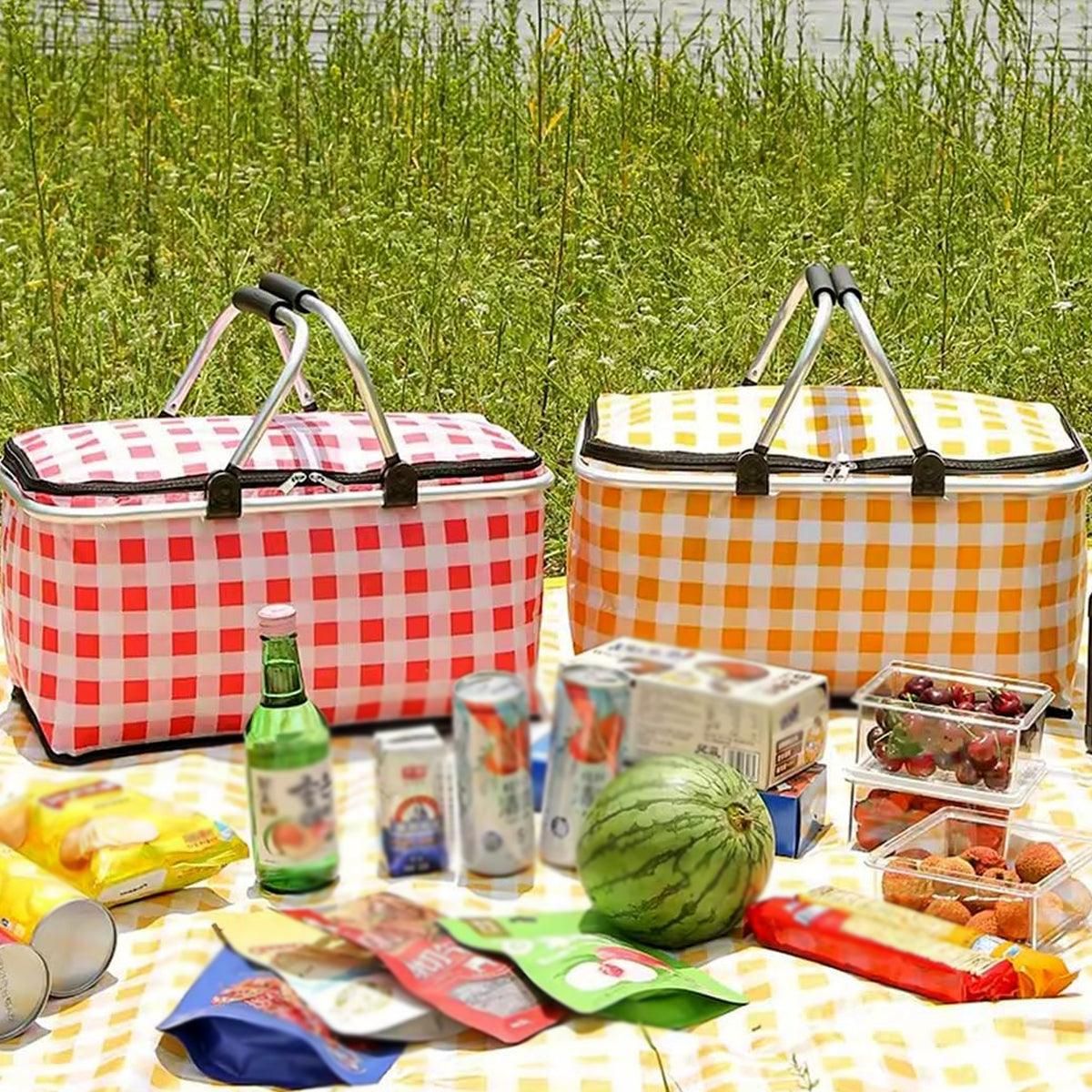 Foldable Picnic Basket Outdoor Camping Carrying Basket Portable Food Storage - Navy