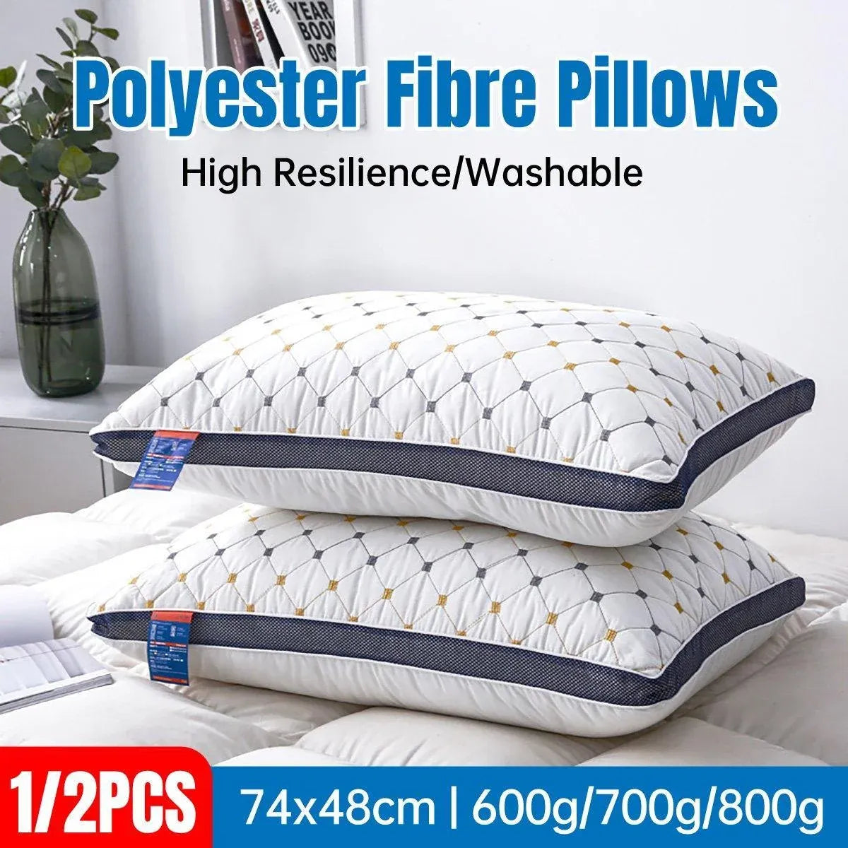 1/2PCS Hotel Style Polyester Fibre Pillow Washable High Rebound Support - 700g