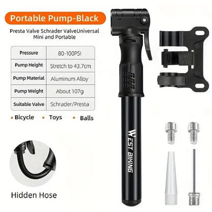 Portable Bicycle Pump Mini Inflatable Tube Pump Tire Inflator for Bike Cycling - Black