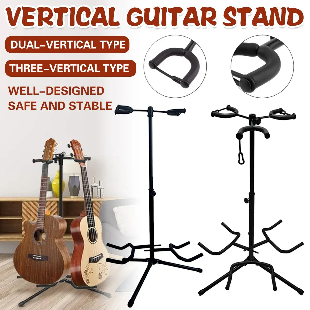 2/3Head Guitar Stand with Height Adjustment Foldable Holder Guitar Stand Bass - Three-vertical type
