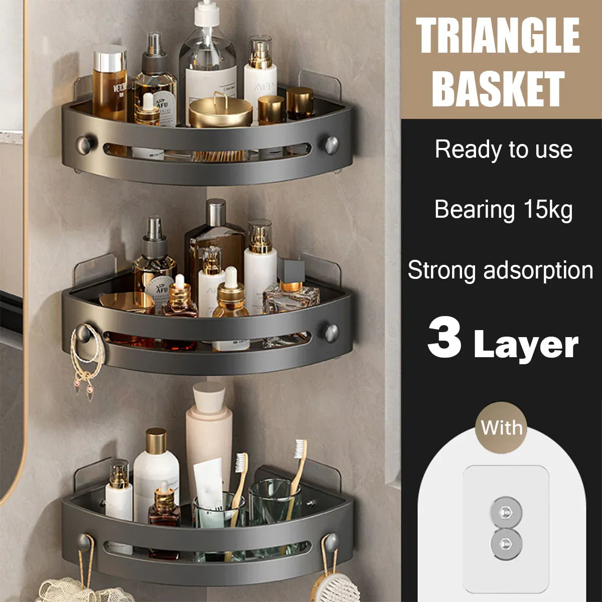 Three-layer Bathroom Triangular Shelf Basic Model Hole-free Storage Towel Rack - Grey