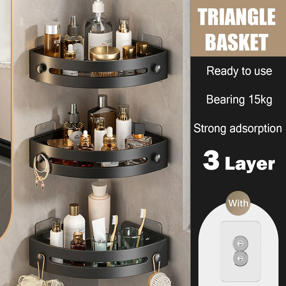 Three-layer Bathroom Triangular Shelf Basic Model Hole-free Storage Towel Rack - Grey
