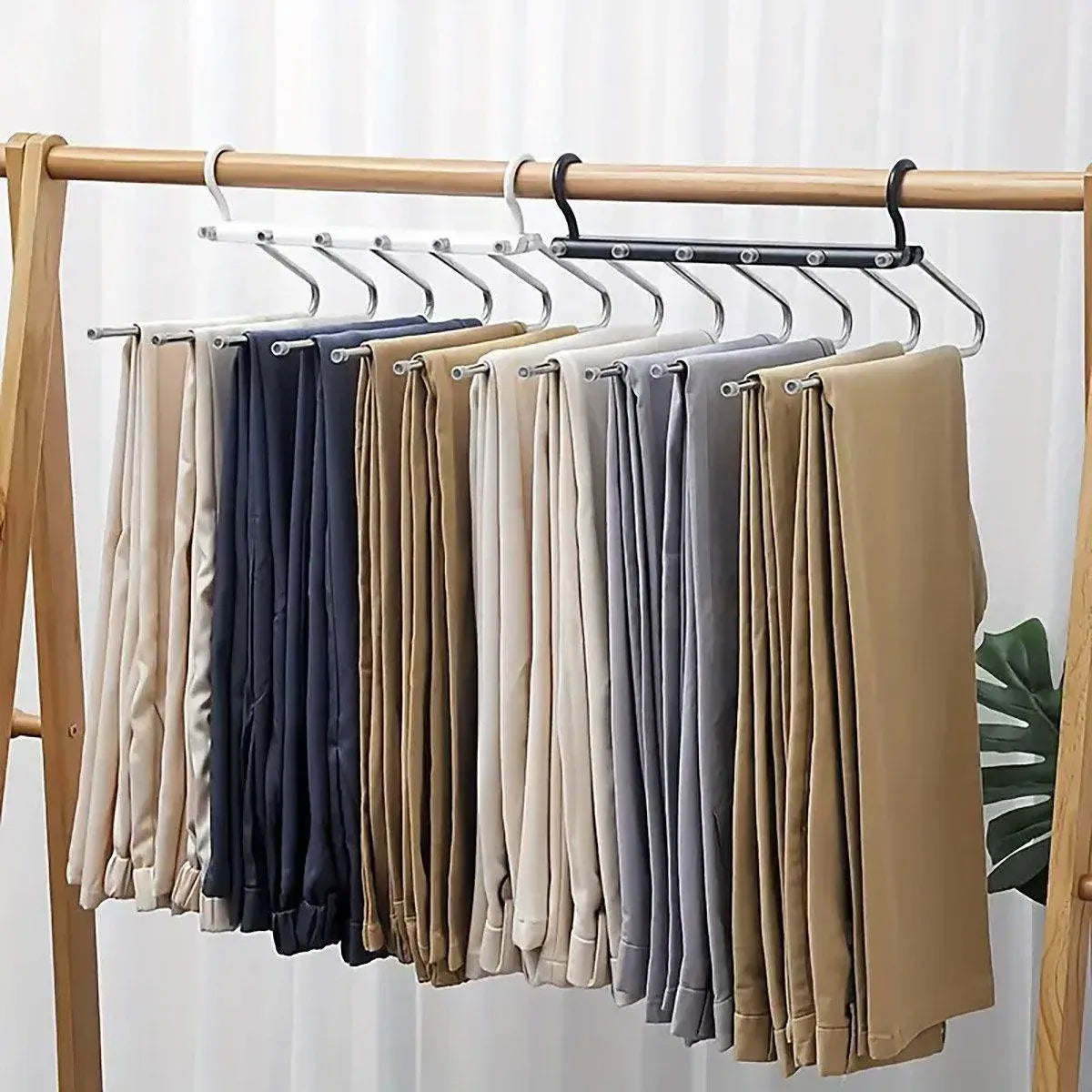 Stainless Steel Multi-Layer Pants Rack Folding Telescopic Anti-Slip Clothes Rack - Black