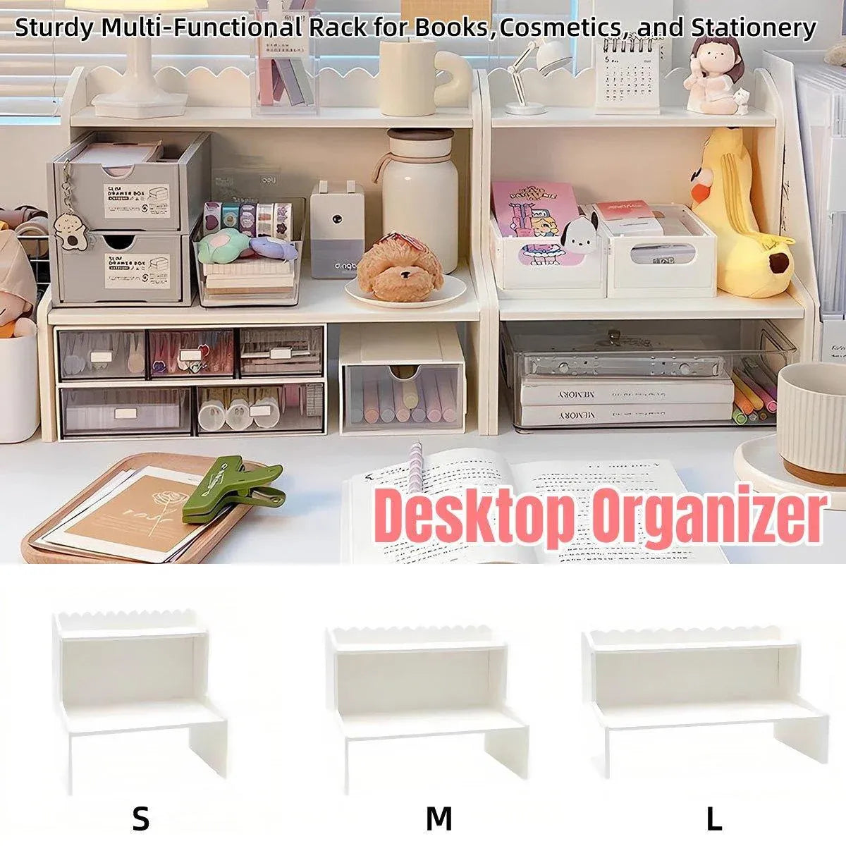 Elevated Double Layer Desktop Storage Rack for Office Dormitory Cosmetics Books - S