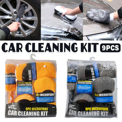 9PCS Car Cleaning Kit Microfiber Towel Wax Sponge Wheel Brush Gloves Set Use - Grey