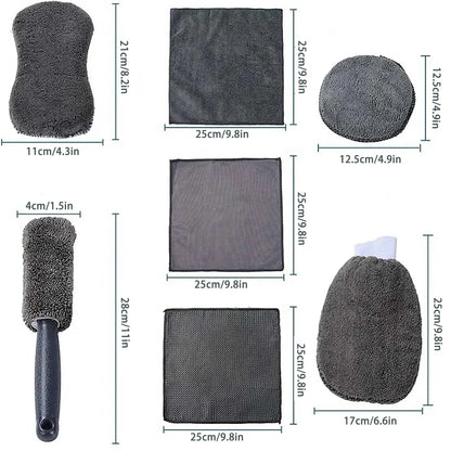 9PCS Car Cleaning Kit Microfiber Towel Wax Sponge Wheel Brush Gloves Set Use - Grey
