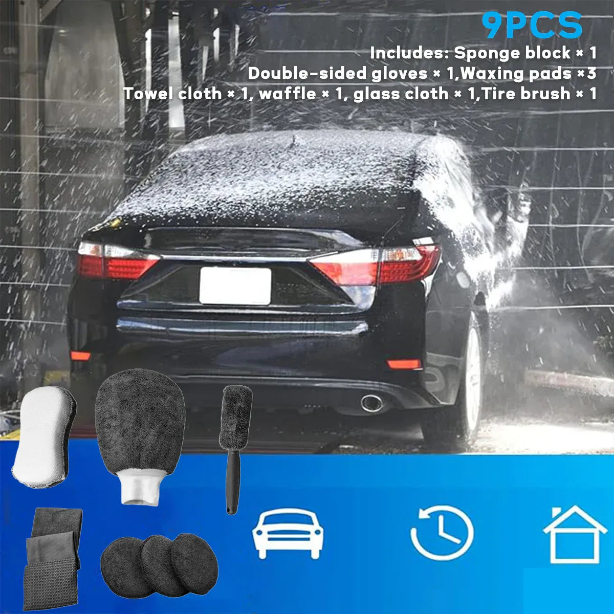 9PCS Car Cleaning Kit Microfiber Towel Wax Sponge Wheel Brush Gloves Set Use - Grey