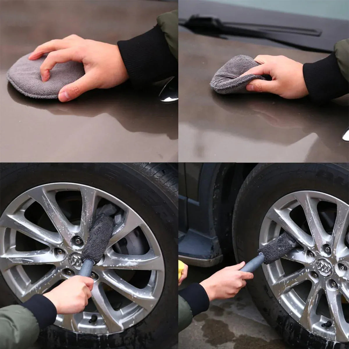 9PCS Car Cleaning Kit Microfiber Towel Wax Sponge Wheel Brush Gloves Set Use - Grey