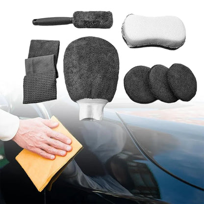 9PCS Car Cleaning Kit Microfiber Towel Wax Sponge Wheel Brush Gloves Set Use - Grey