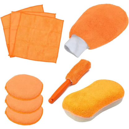 9PCS Car Cleaning Kit Microfiber Towel Wax Sponge Wheel Brush Gloves Set Use - Grey