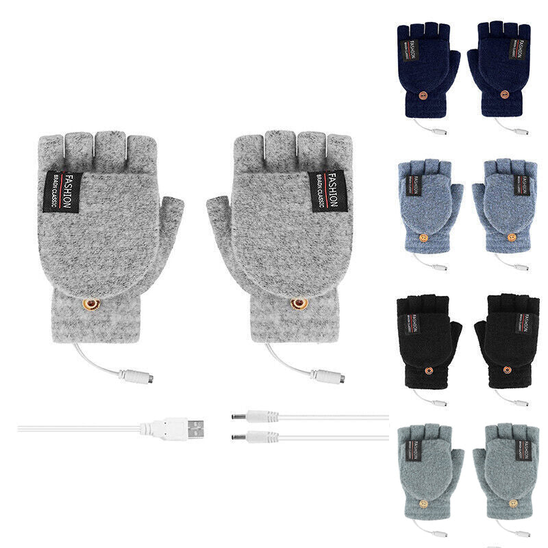 USB Heated Half Finger Gloves Winter Warm Knitted Gloves for Typing and Office Use - Green