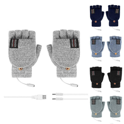 USB Heated Half Finger Gloves Winter Warm Knitted Gloves for Typing and Office Use - Green