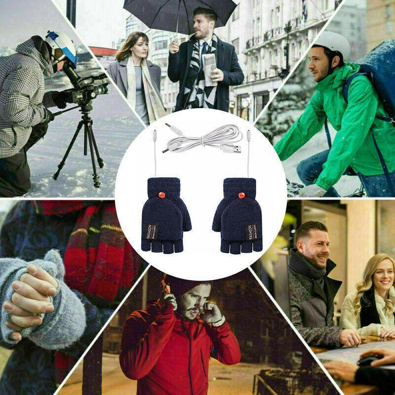 USB Heated Half Finger Gloves Winter Warm Knitted Gloves for Typing and Office Use - Green