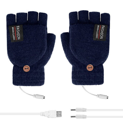 USB Heated Half Finger Gloves Winter Warm Knitted Gloves for Typing and Office Use - Green