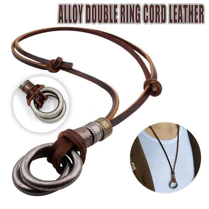 Men Women'S Alloy Double Ring Cord Leather Pendant Necklace Adjustable Necklace
