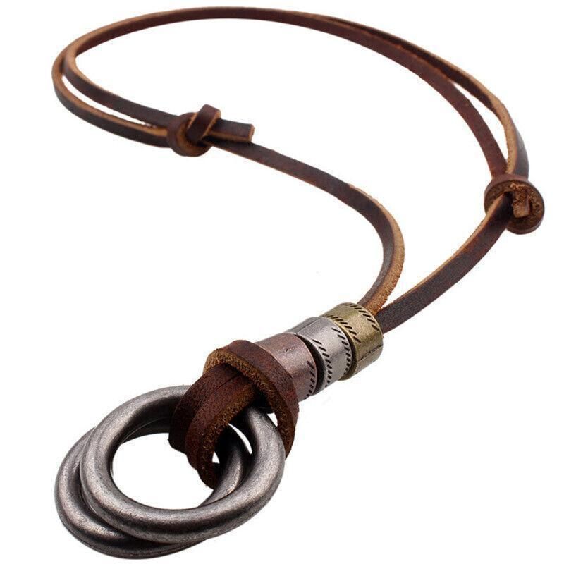 Men Women'S Alloy Double Ring Cord Leather Pendant Necklace Adjustable Necklace