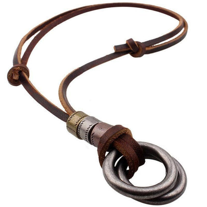 Men Women'S Alloy Double Ring Cord Leather Pendant Necklace Adjustable Necklace