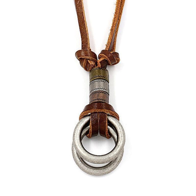 Men Women'S Alloy Double Ring Cord Leather Pendant Necklace Adjustable Necklace