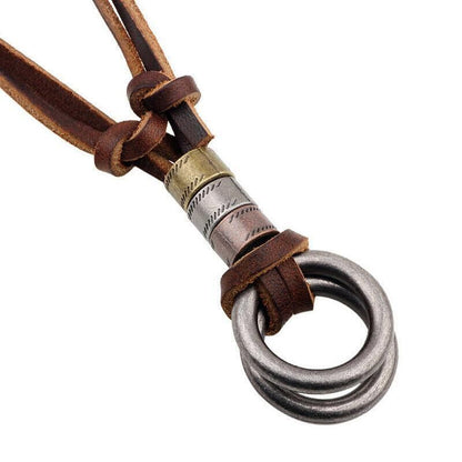 Men Women'S Alloy Double Ring Cord Leather Pendant Necklace Adjustable Necklace