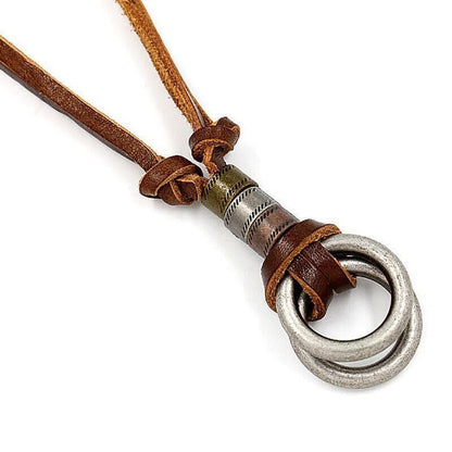 Men Women'S Alloy Double Ring Cord Leather Pendant Necklace Adjustable Necklace