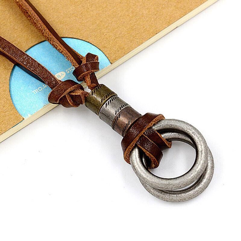 Men Women'S Alloy Double Ring Cord Leather Pendant Necklace Adjustable Necklace