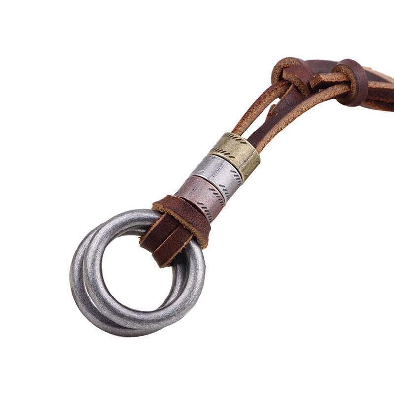Men Women'S Alloy Double Ring Cord Leather Pendant Necklace Adjustable Necklace