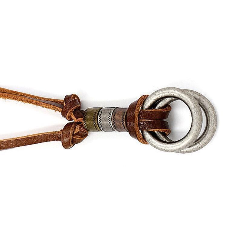 Men Women'S Alloy Double Ring Cord Leather Pendant Necklace Adjustable Necklace