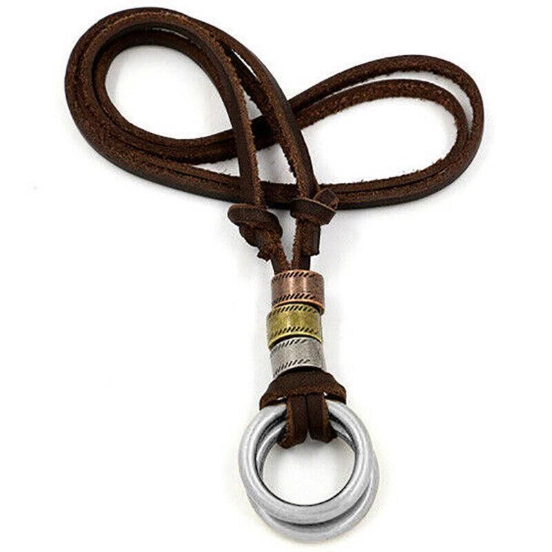 Men Women'S Alloy Double Ring Cord Leather Pendant Necklace Adjustable Necklace