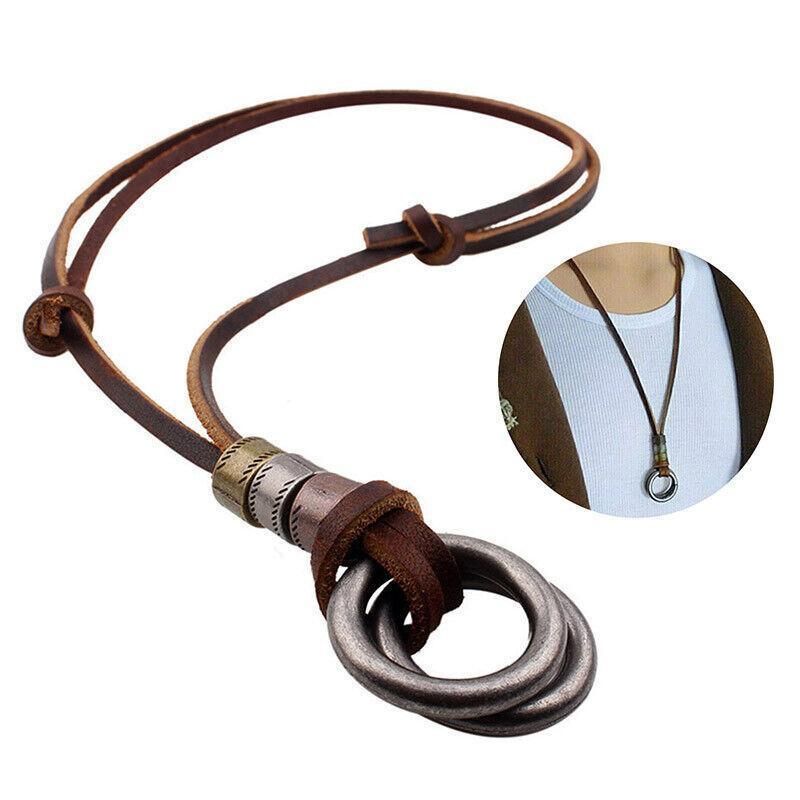 Men Women'S Alloy Double Ring Cord Leather Pendant Necklace Adjustable Necklace
