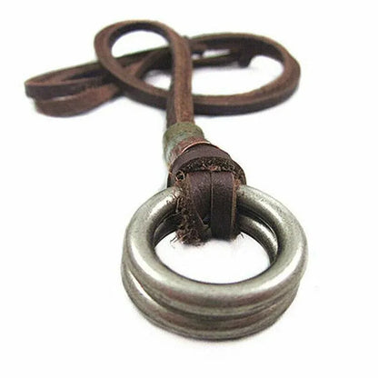 Men Women'S Alloy Double Ring Cord Leather Pendant Necklace Adjustable Necklace