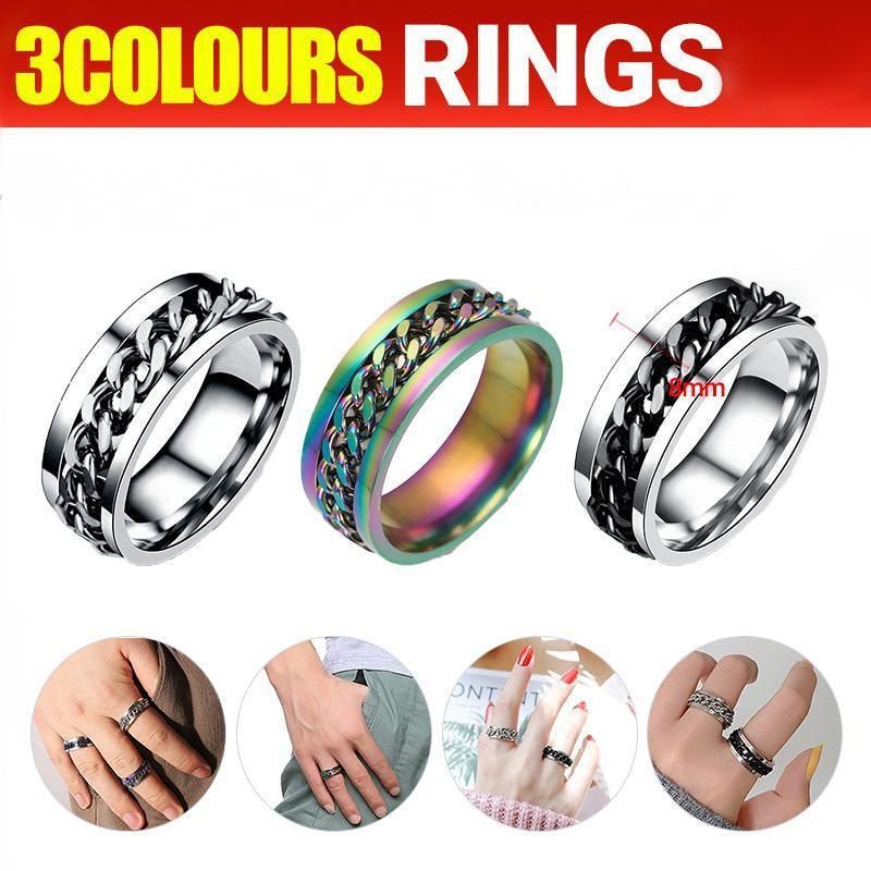 Spinner Rings Mens Womens Fidget Rotating Ring Silver Stainless Steel Size 7 - Rainbow