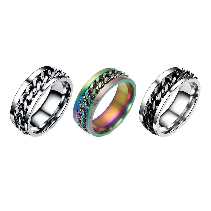 Spinner Rings Mens Womens Fidget Rotating Ring Silver Stainless Steel Size 7 - Rainbow