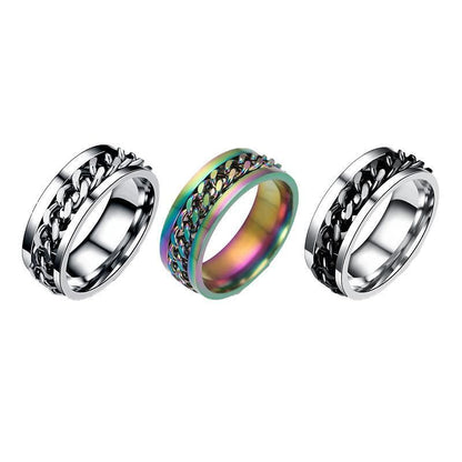 Spinner Rings Mens Womens Fidget Rotating Ring Silver Stainless Steel Size 7 - Rainbow