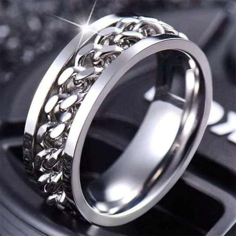 Spinner Rings Mens Womens Fidget Rotating Ring Silver Stainless Steel Size 7 - Rainbow