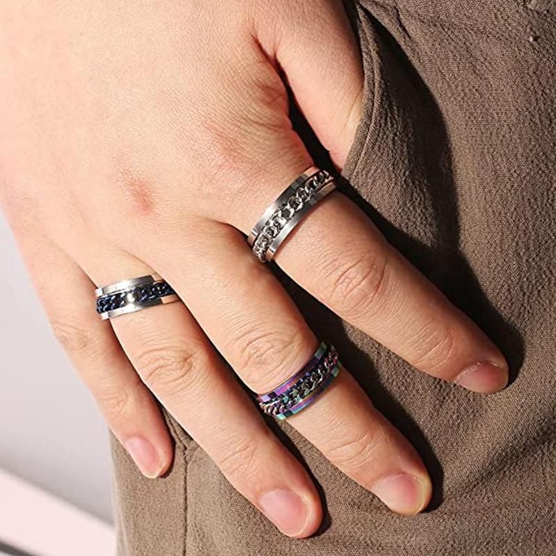 Spinner Rings Mens Womens Fidget Rotating Ring Silver Stainless Steel Size 7 - Rainbow