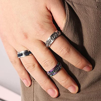 Spinner Rings Mens Womens Fidget Rotating Ring Silver Stainless Steel Size 7 - Rainbow