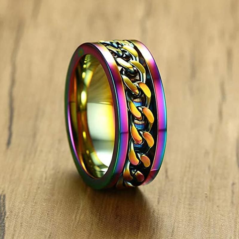 Spinner Rings Mens Womens Fidget Rotating Ring Silver Stainless Steel Size 7 - Rainbow