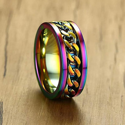 Spinner Rings Mens Womens Fidget Rotating Ring Silver Stainless Steel Size 7 - Rainbow