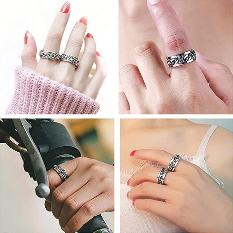 Spinner Rings Mens Womens Fidget Rotating Ring Silver Stainless Steel Size 7 - Rainbow