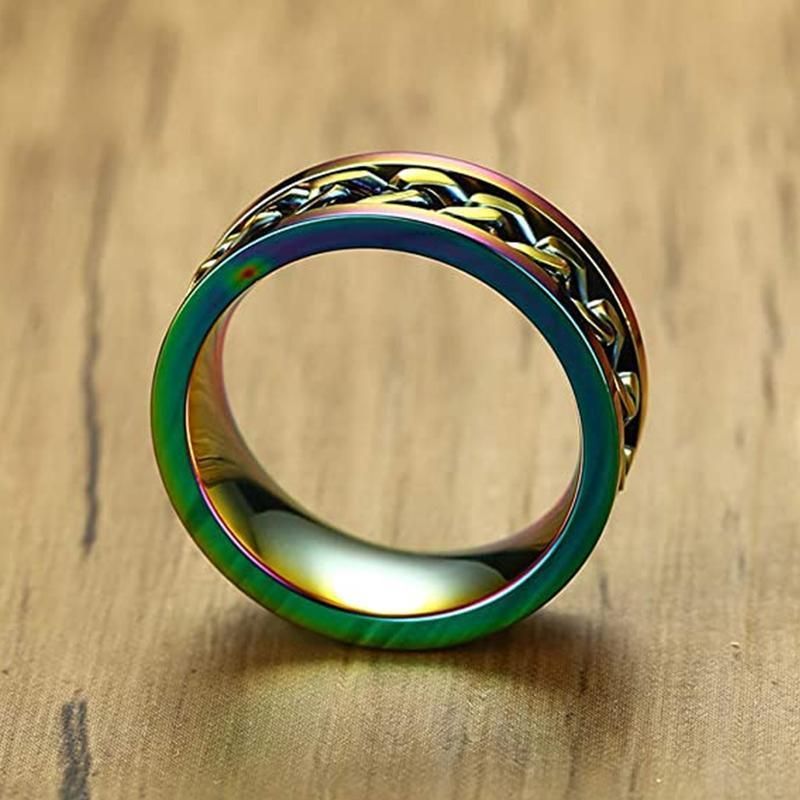 Spinner Rings Mens Womens Fidget Rotating Ring Silver Stainless Steel Size 7 - Rainbow