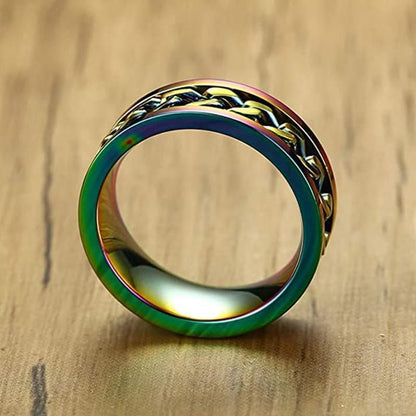 Spinner Rings Mens Womens Fidget Rotating Ring Silver Stainless Steel Size 7 - Rainbow