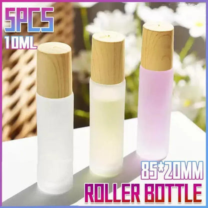 5PCS 10ml Frosted Glass Roll-On Bottles with Wooden Caps for Perfume and Essential Oils